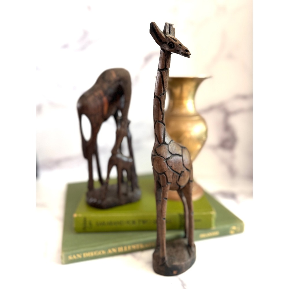 Vintage South African Hand Carved Wood Giraffe Sculptures Set